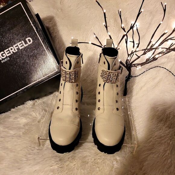 KARL LAGERFELD PARIS size 11 brand new cream with shiny rhinestones booties - Picture 1 of 12